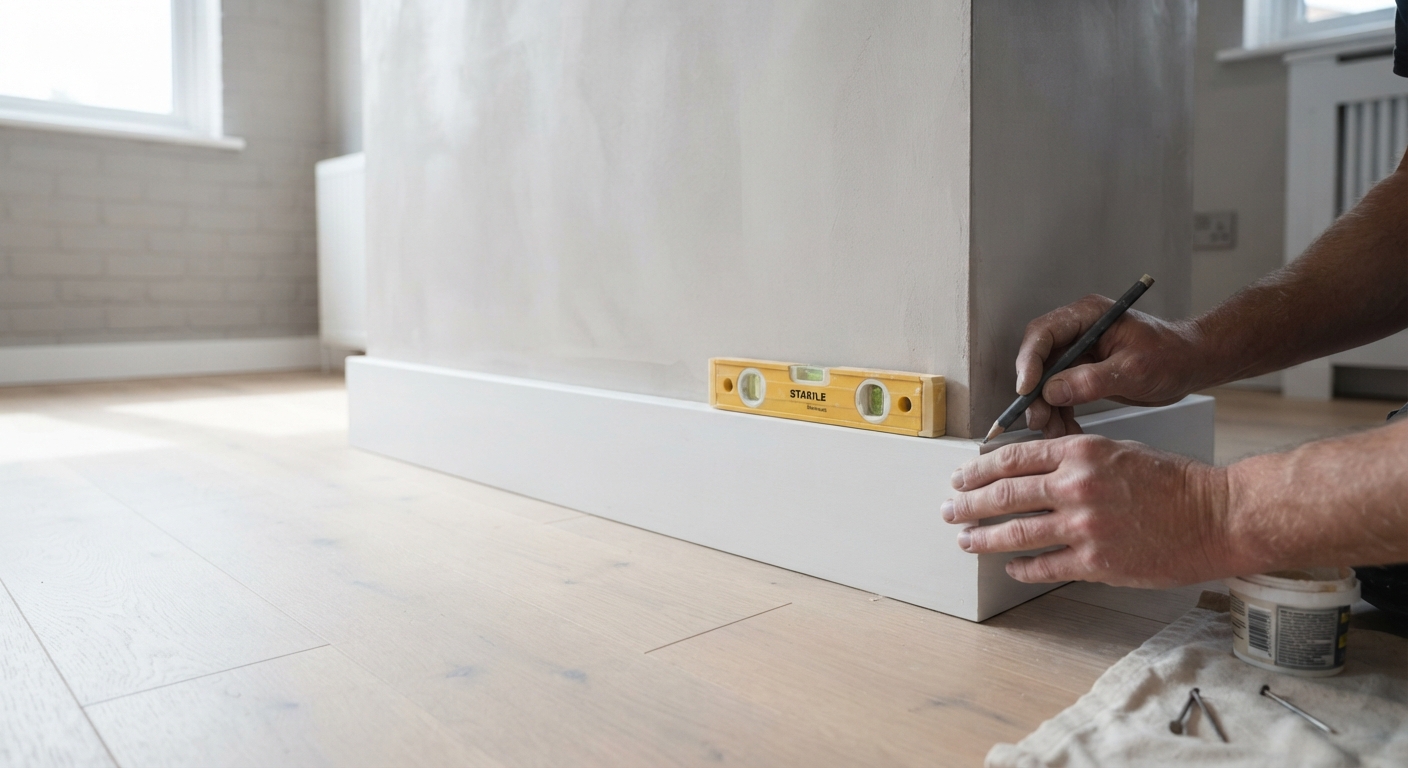 Carpenter fitting skirting in a converted garage